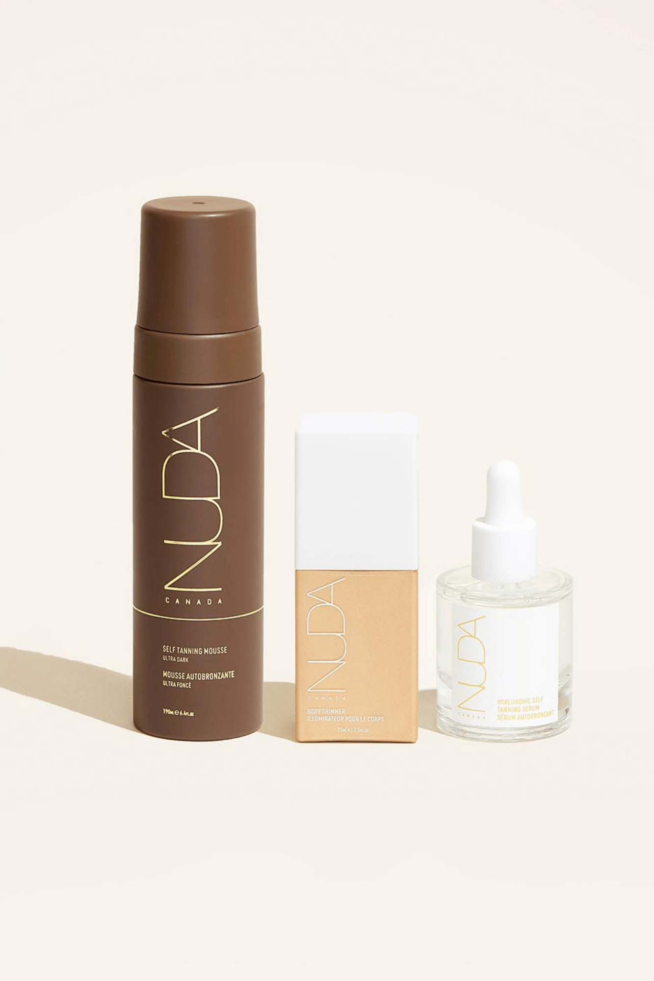 Ultimate Glow Trio featuring self tanning mousse, facial tanner, and bronzing glow drops for customizable tanning.