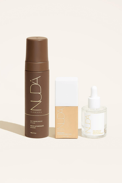 Ultimate Glow Trio featuring self tanning mousse, facial tanner, and bronzing glow drops for customizable tanning.