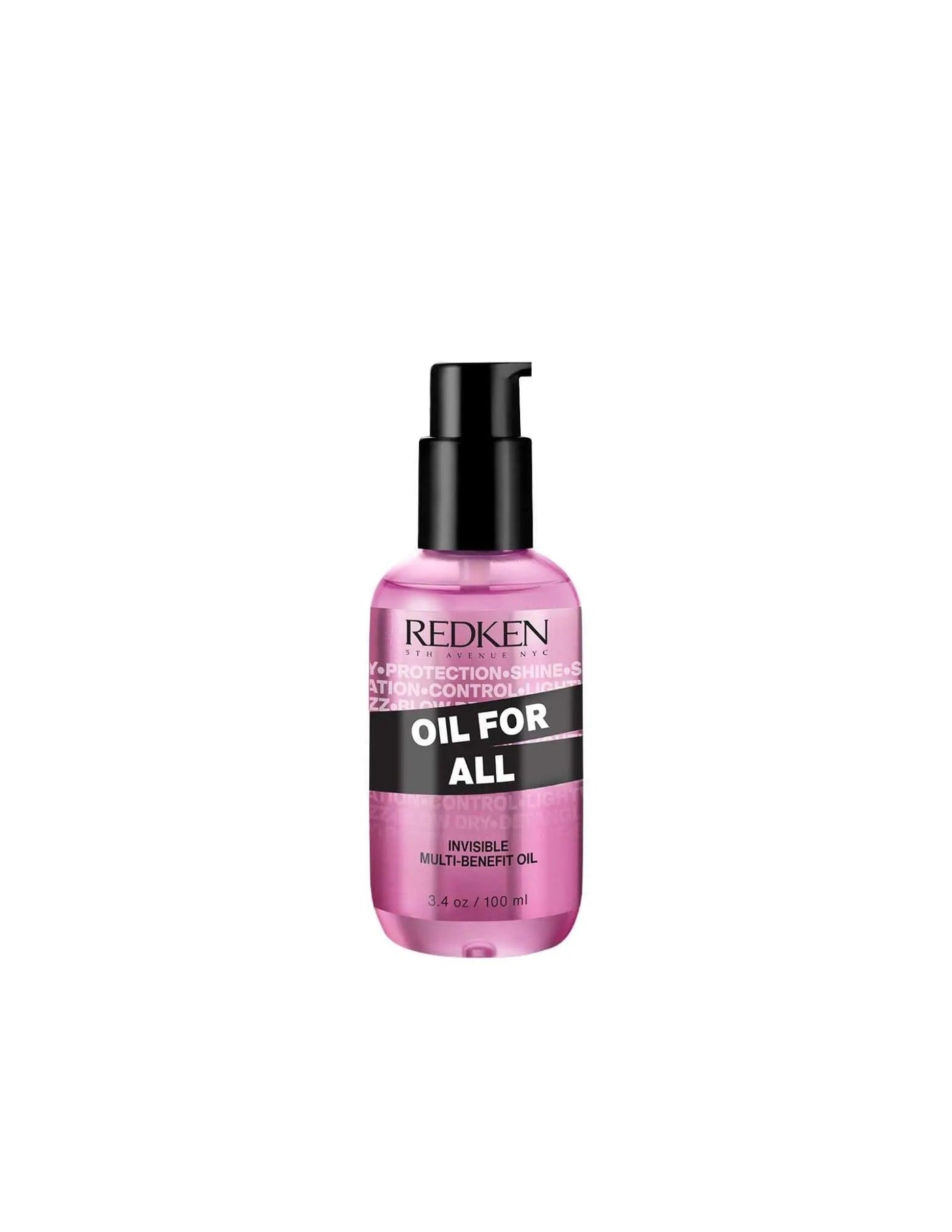 Redken Oil For All versatile hair oil in a pink bottle, designed for nourishment and shine for all hair types.