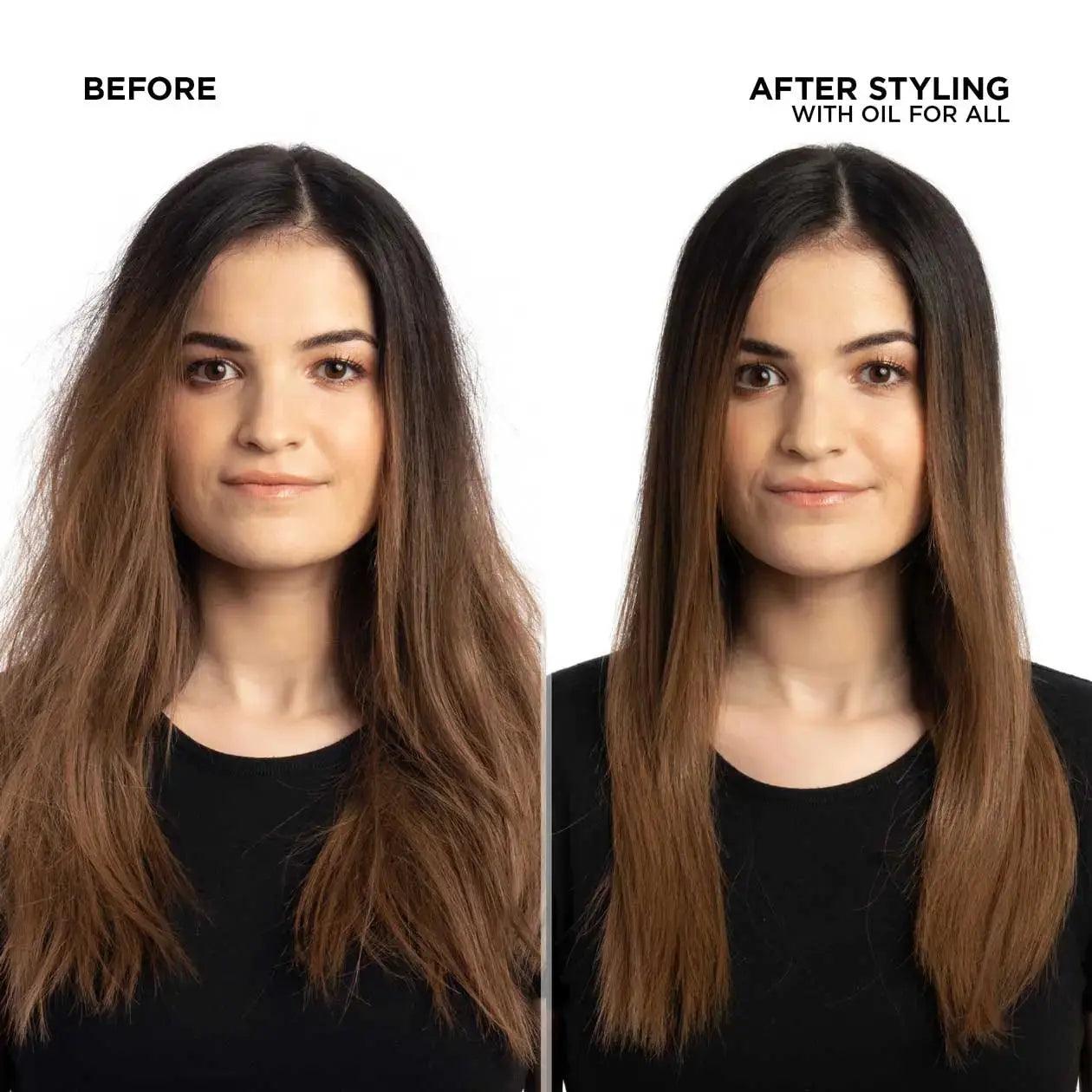 Before and after styling with Redken Oil For All, showing improved shine and smoothness in hair.