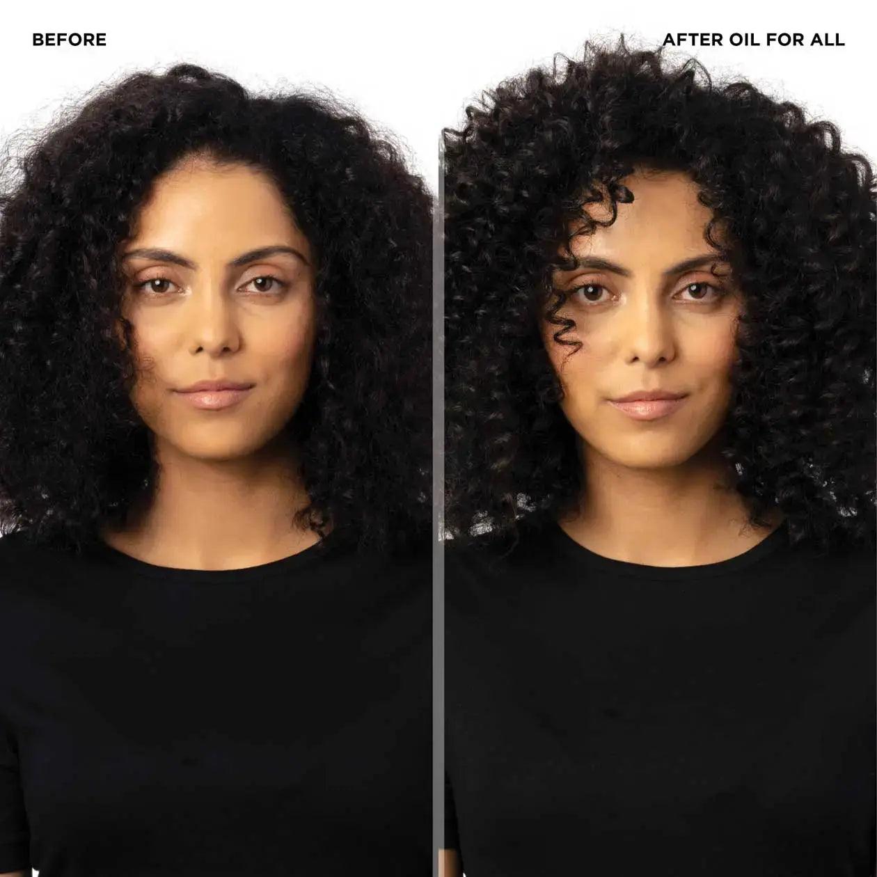 Before and after using Redken Oil For All, showing enhanced shine and manageability in curly hair.