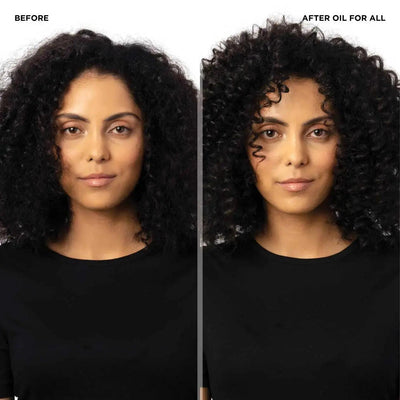 Before and after using Redken Oil For All, showing enhanced shine and manageability in curly hair.