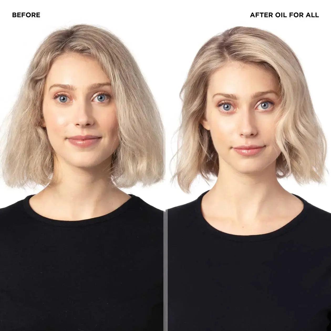 Before and after using Redken Oil For All, showing improved shine and smoothness in hair.