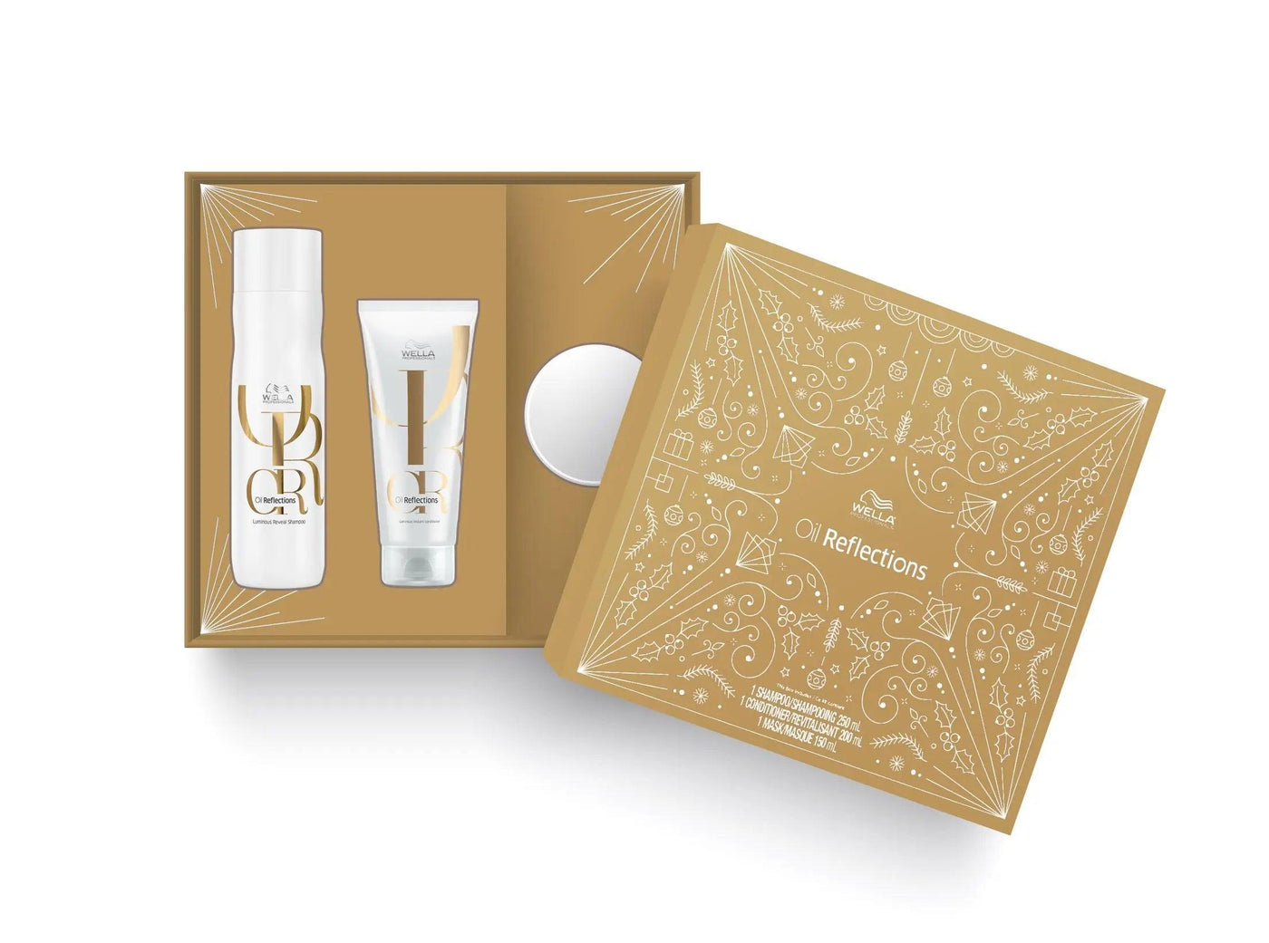 Oil Reflection Trio gift box containing shampoo and conditioner for softer, reflective hair with camellia oil and white tea extract.