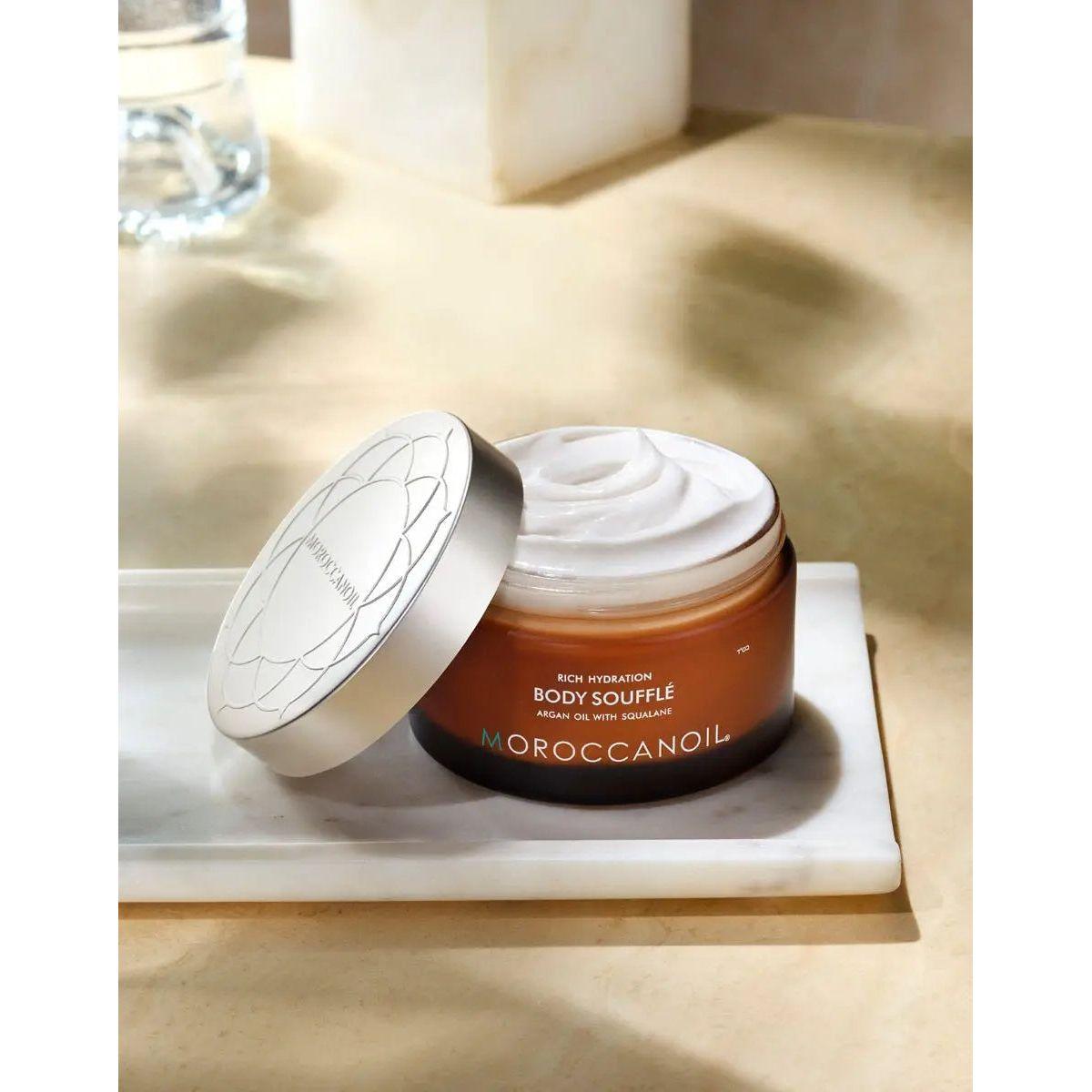 Lightweight Body Soufflé in a jar, whipped moisturizer with argan and avocado oils for hydration and smooth skin.