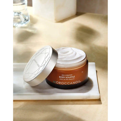 Lightweight Body Soufflé in a jar, whipped moisturizer with argan and avocado oils for hydration and smooth skin.