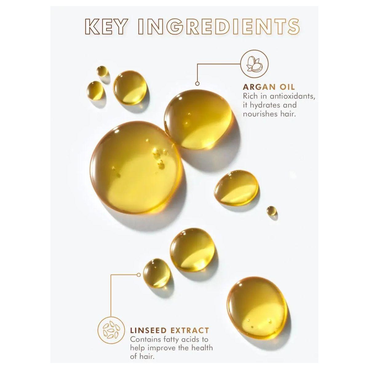 Key ingredients for hair care featuring argan oil and linseed extract in vibrant oil droplets.