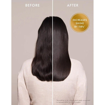 Before and after comparison showing hair shine improvement of 118% with Moroccan Oil Original Hair Treatment.