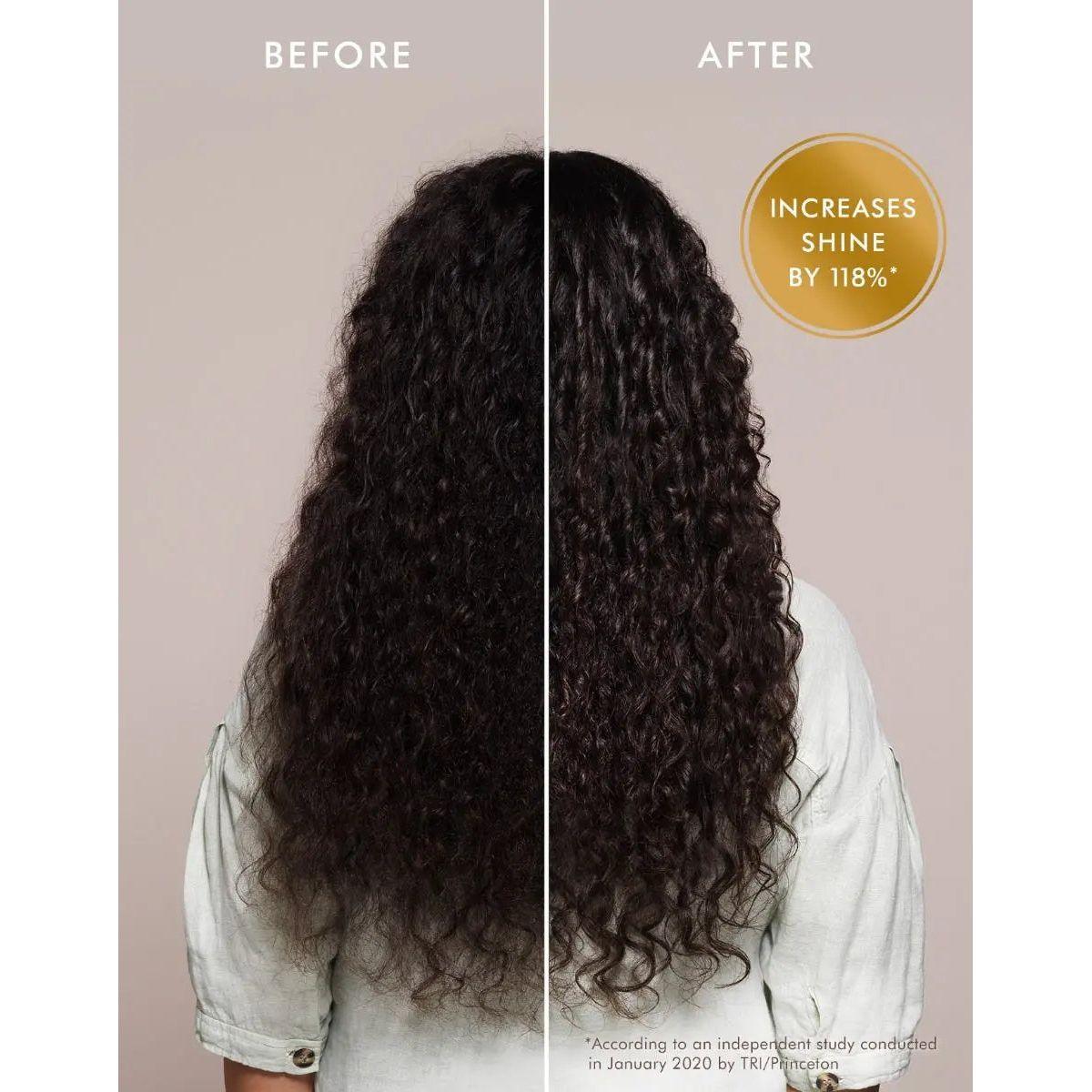 Before and after results showing increased shine by 118% using Original Hair Treatment with argan oil.