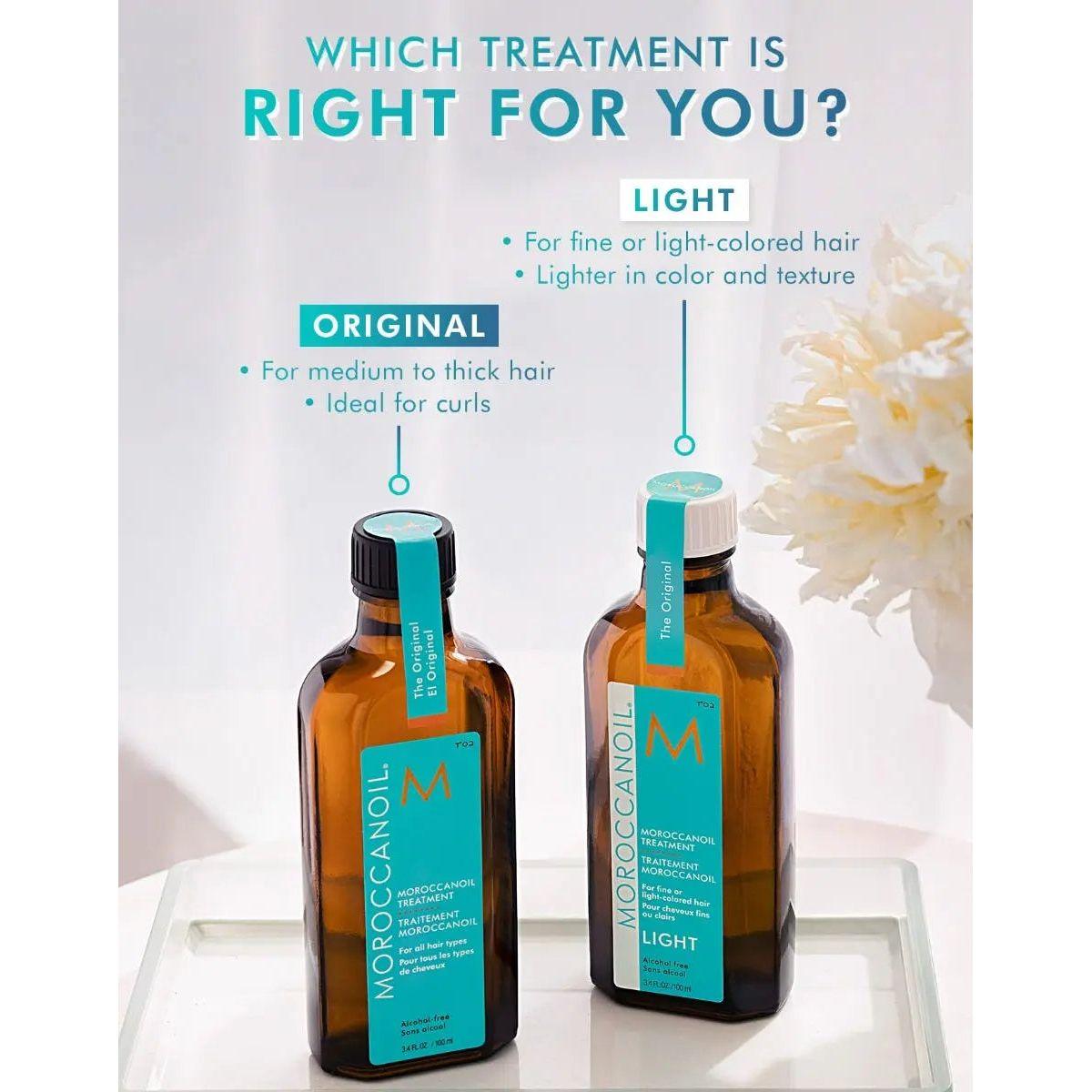 Moroccan Oil treatments comparison for hair types: Original for medium/thick hair, Light for fine/light-colored hair.