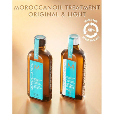MoroccanOil Original and Light Treatment bottles, featuring a sleek design and eco-friendly packaging made from 40% recycled glass.