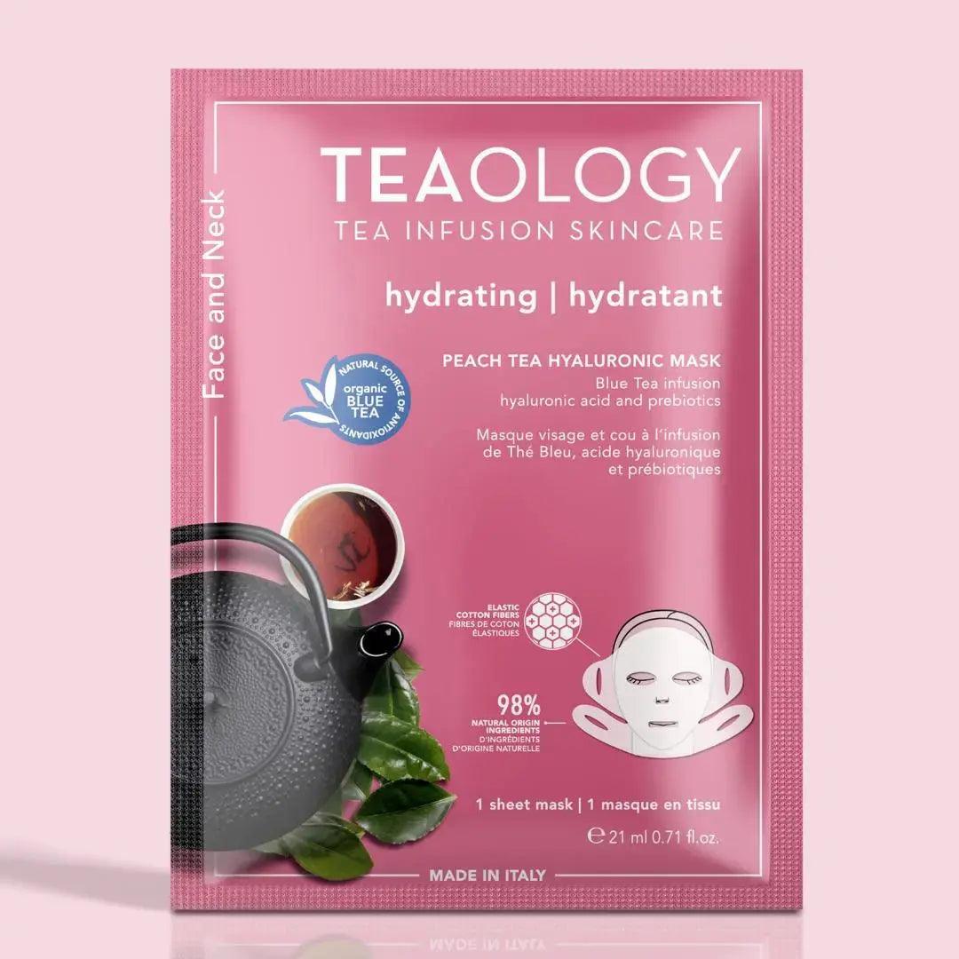 Peach Tea Hyaluronic Hydrating Sheet Mask packaging with tea elements, designed for deep hydration and even complexion.