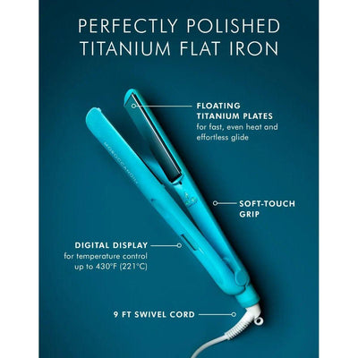 Perfectly Polished Titanium Flat Iron featuring floating plates, digital display, soft-touch grip, and 9 ft swivel cord.
