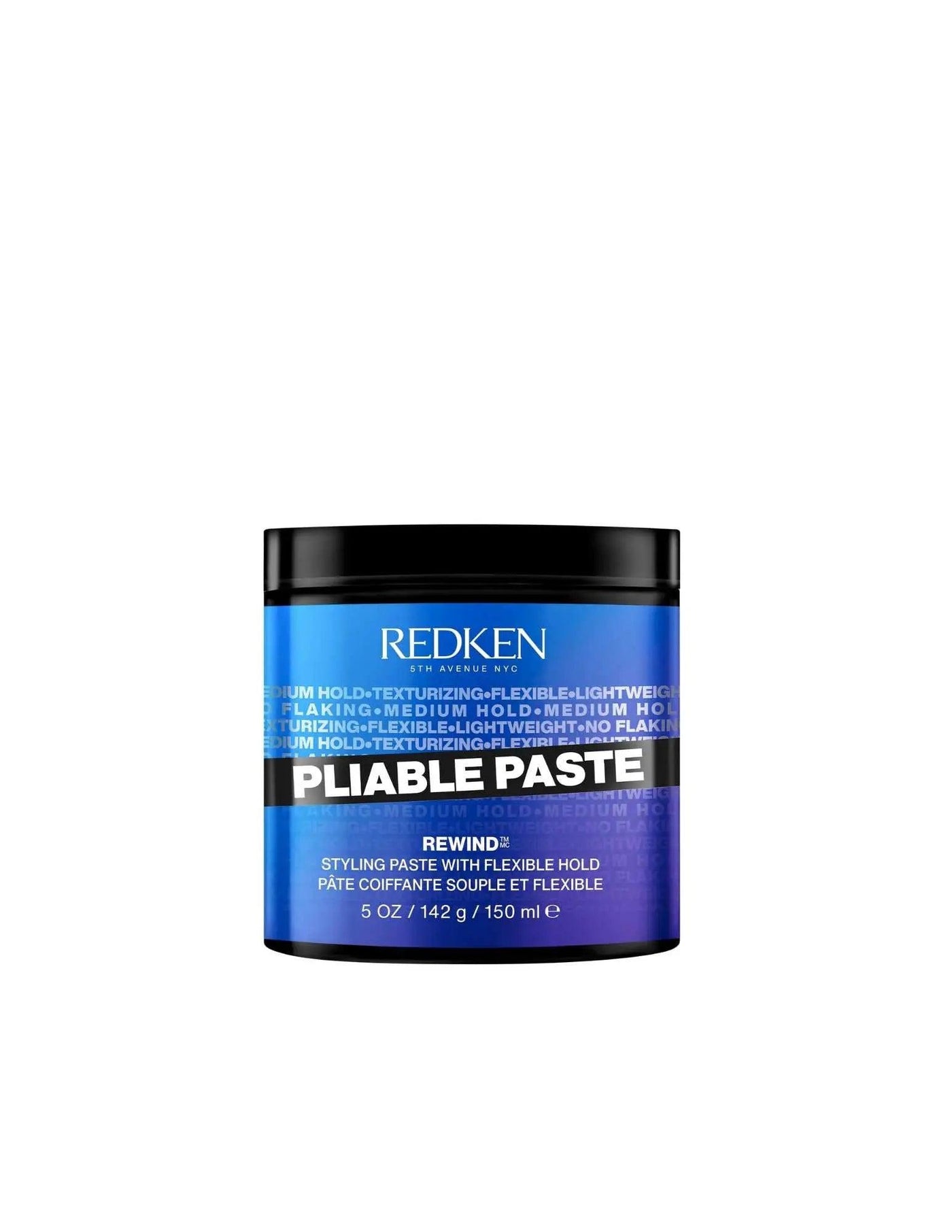 Redken Pliable Paste styling product in a black and blue jar for flexible hold and texture, suitable for all hair types.