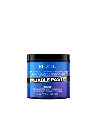 Redken Pliable Paste styling product in a black and blue jar for flexible hold and texture, suitable for all hair types.