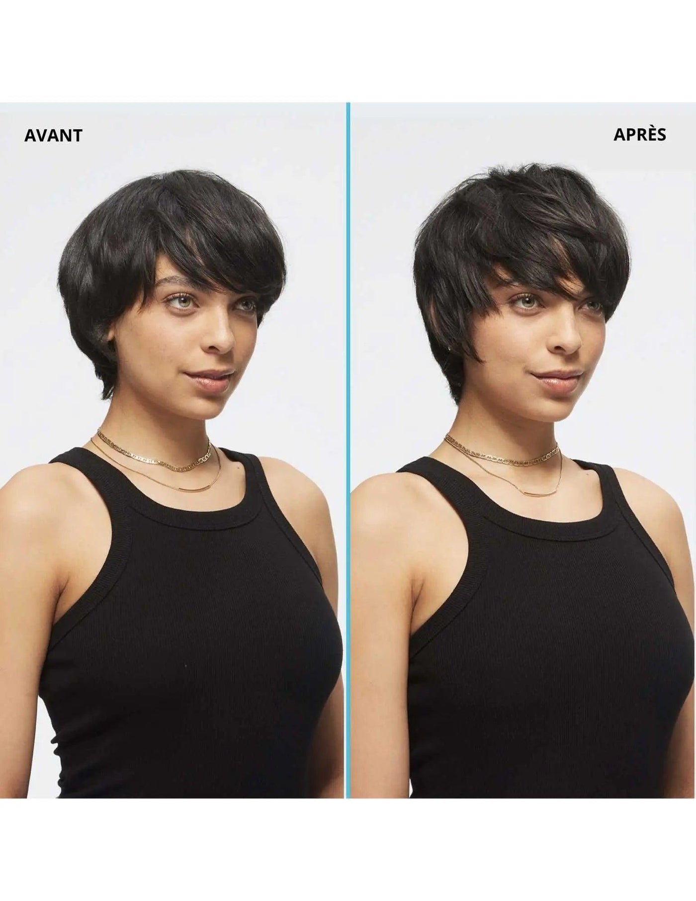 Before and after of a woman showcasing a short hairstyle transformation with Redken Pliable Paste.