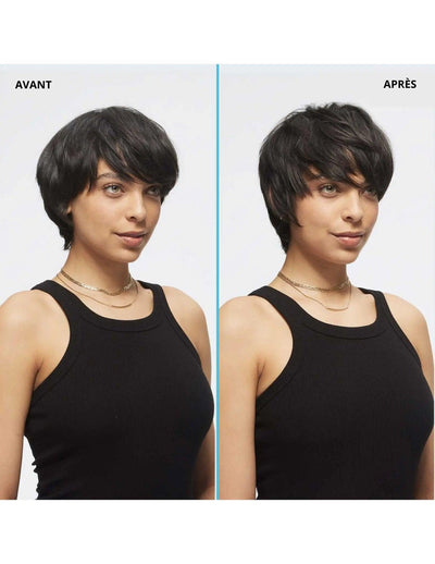 Before and after of a woman showcasing a short hairstyle transformation with Redken Pliable Paste.
