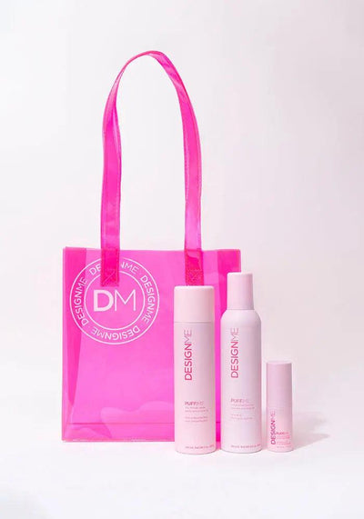 Pink tote bag with hair care products, including mousse and styling spray, from PUFF.ME Volume Glow & Go Kit.