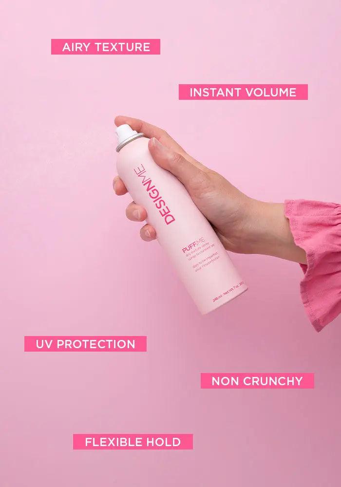 Hand holding PUFF.ME volumizing mousse against pink backdrop, highlighting features like UV protection and flexible hold.