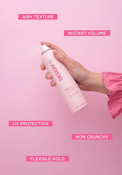 Hand holding PUFF.ME volumizing mousse against pink backdrop, highlighting features like UV protection and flexible hold.