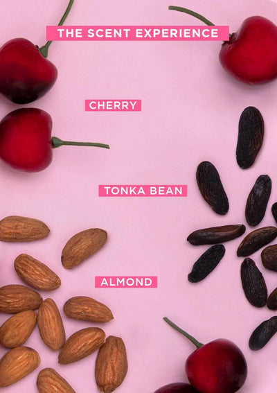 Scent experience featuring cherry, tonka bean, and almond on a pink background, showcasing ingredients for fragrance.