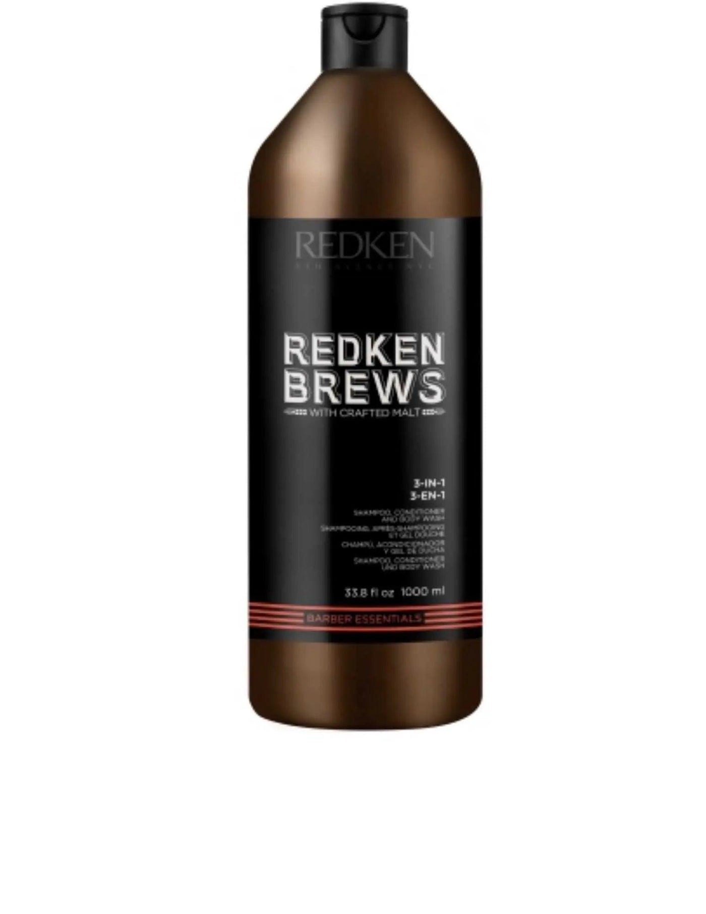 Redken Brews 3 In 1 Shampoo 1L bottle, a multi-functional hair and body wash for men, suitable for all hair types.