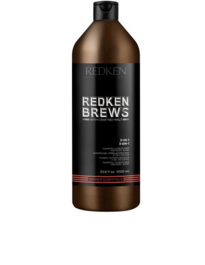 Redken Brews 3 In 1 Shampoo 1L bottle, a multi-functional hair and body wash for men, suitable for all hair types.