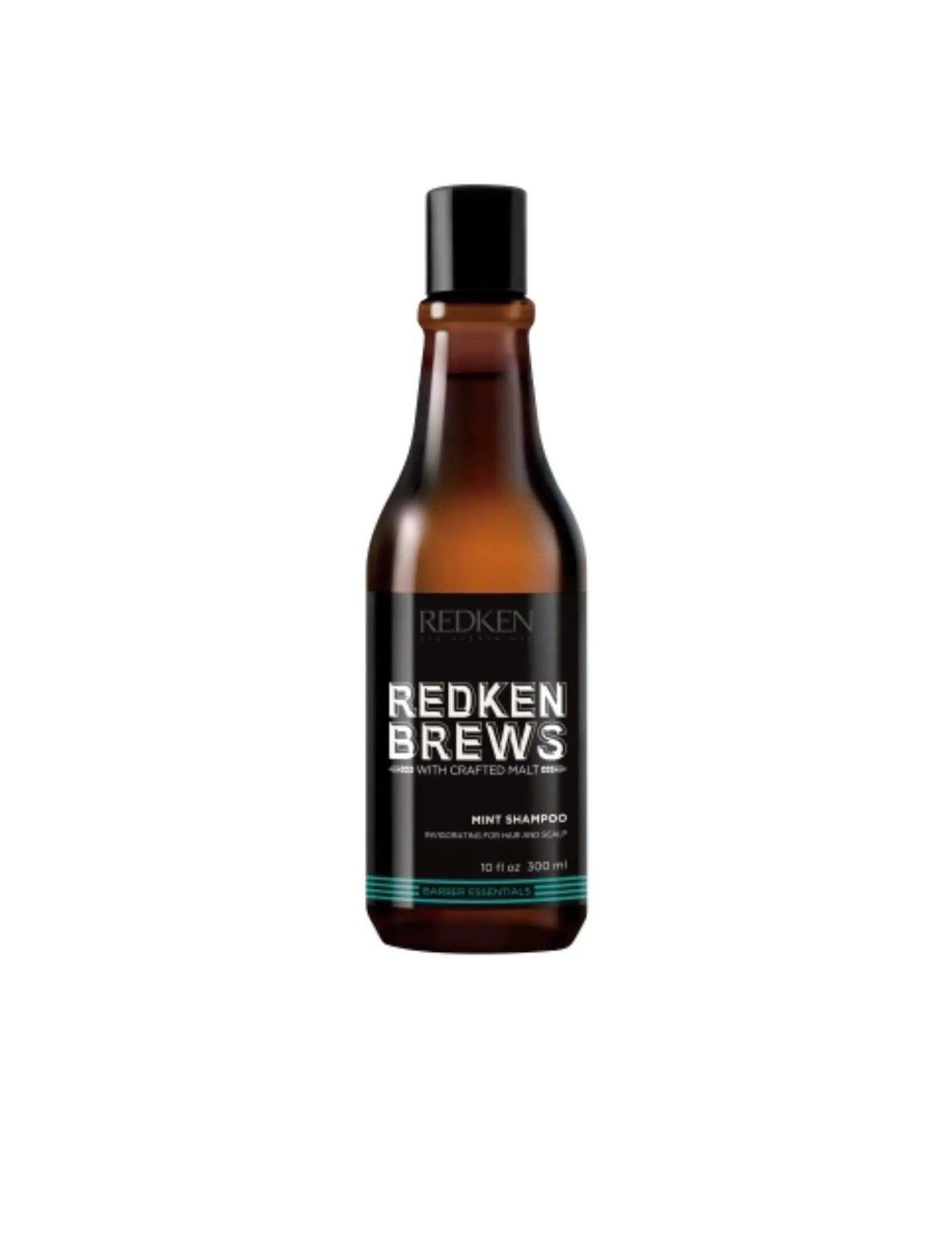 Redken Brews Mint Shampoo bottle, infused with menthol for refreshing and invigorating hair cleansing. Ideal for all hair types.