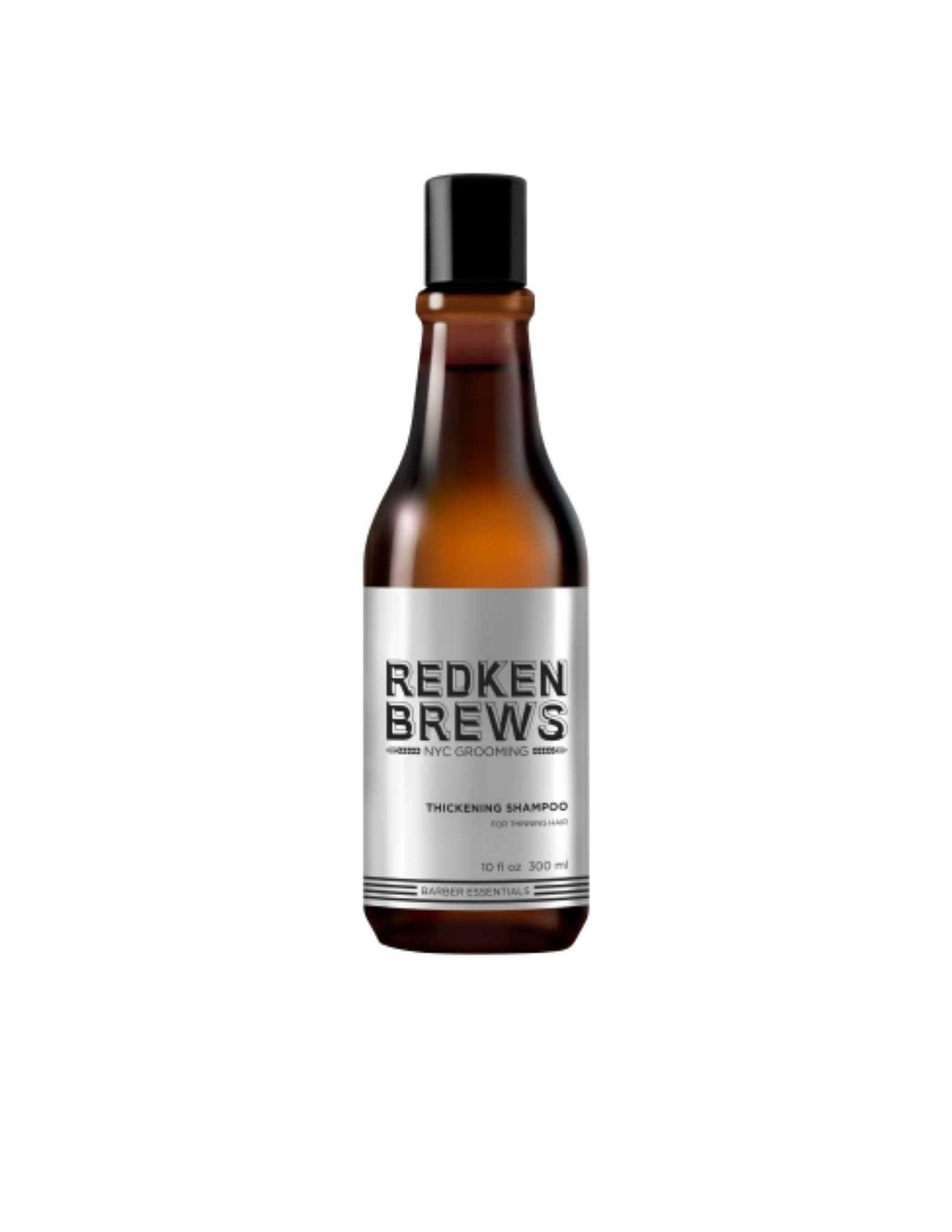 Redken Brews Thickening Shampoo bottle designed for fine or thinning hair, promoting volume and fullness.