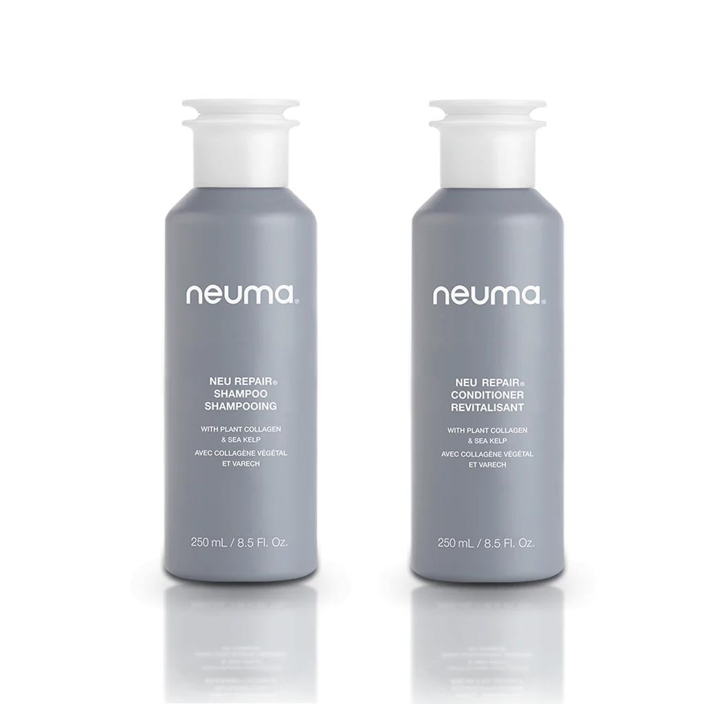 Neu Repair Duo shampoo and conditioner bottles, 250 mL each, designed for nourishing and repairing hair.