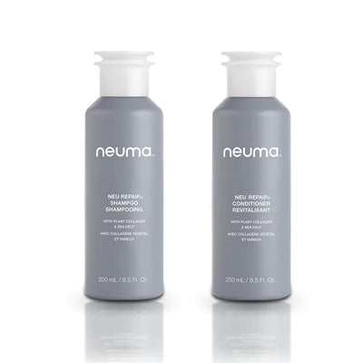 Neu Repair Duo shampoo and conditioner bottles, 250 mL each, designed for nourishing and repairing hair.