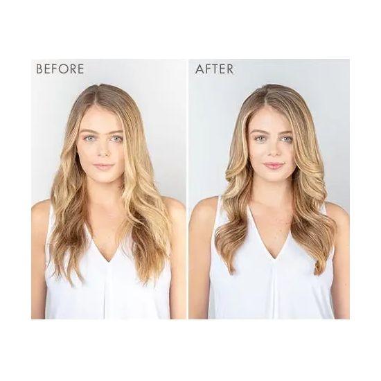 Before and after of a woman showing restored, shiny hair after using a restorative repair hair mask.