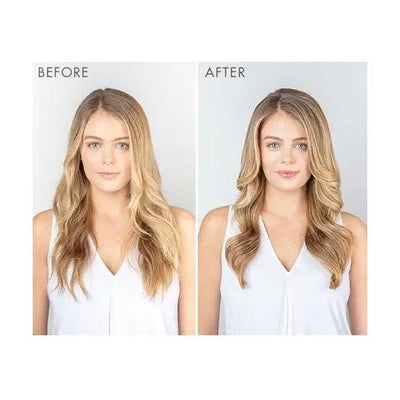 Before and after of a woman showing restored, shiny hair after using a restorative repair hair mask.