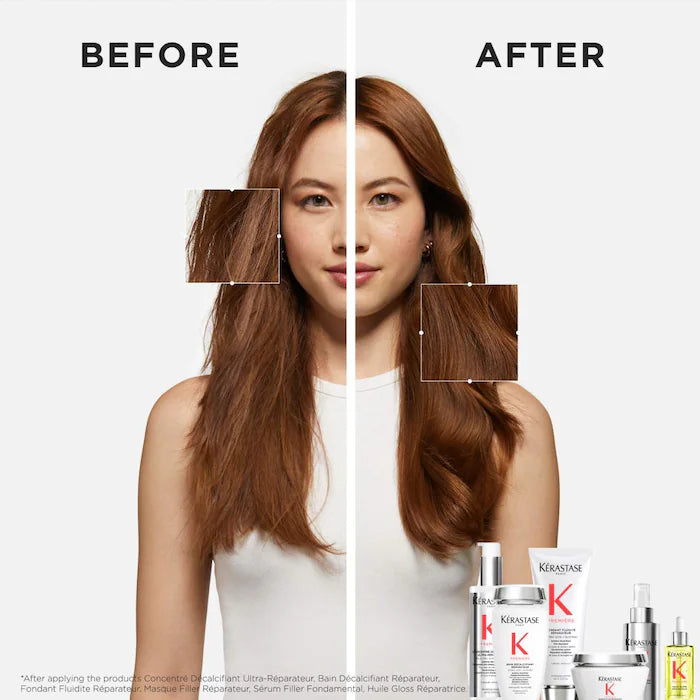 Before and after comparison of hair transformation using Kerastase products, showcasing improved shine and smoothness.