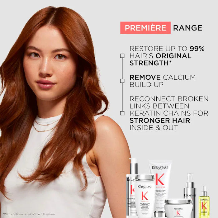 Model showcasing Kérastase Première Range for restoring hair strength and removing calcium buildup.