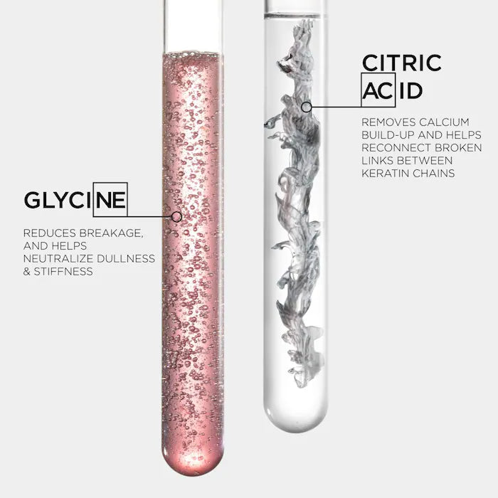 Test tubes containing Glycine and Citric Acid, highlighting benefits for repairing damaged hair and enhancing shine.