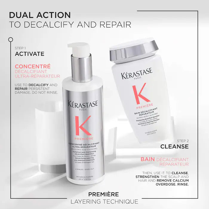 Kérastase Bain Décalcifiant Réparateur shampoo and Concentré Decalcifiant Ultra-Réparateur for damaged hair repair.