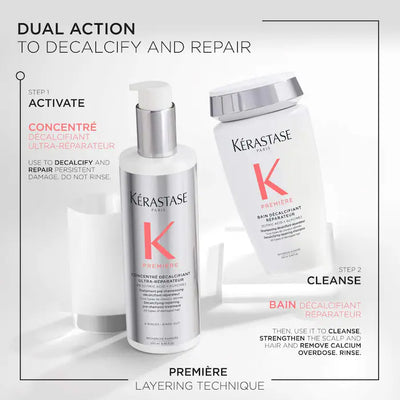 Kérastase Bain Décalcifiant Réparateur shampoo and Concentré Decalcifiant Ultra-Réparateur for damaged hair repair.