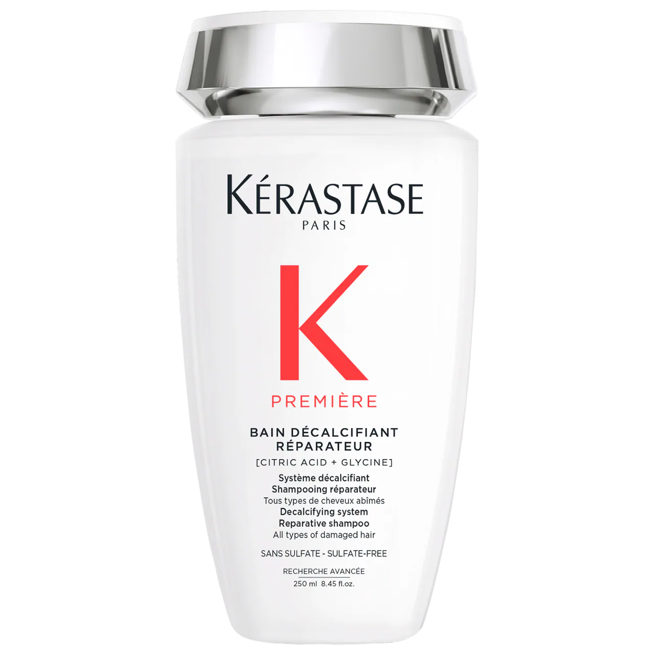 Kérastase Bain Décalcifiant Réparateur shampoo bottle for damaged hair, sulfate-free, 250ml size.