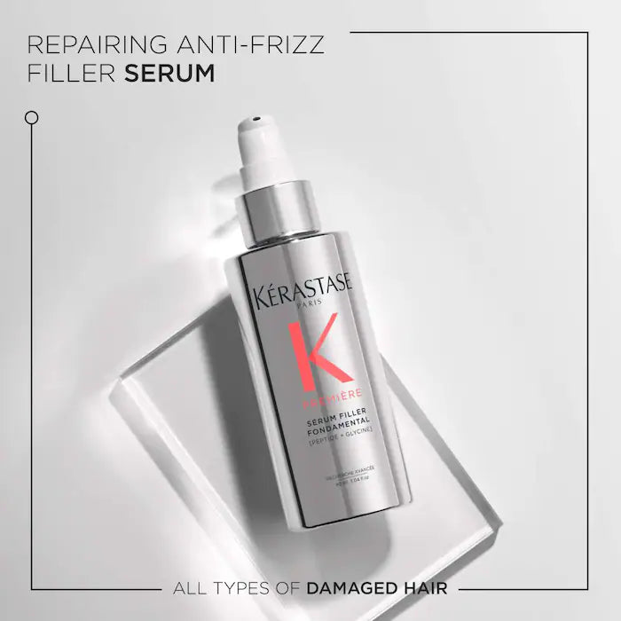 Kérastase Sérum Filler Fondamental for damaged hair hydration and anti-frizz treatment in sleek packaging.