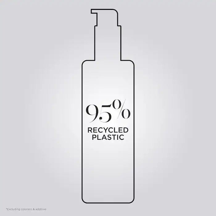 Bottle made from 95% recycled plastic, promoting eco-friendly packaging for hair treatment products.