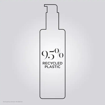 Bottle made from 95% recycled plastic, promoting eco-friendly packaging for hair treatment products.