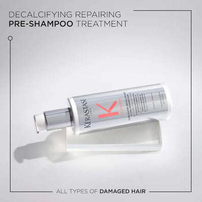 Kérastase decalcifying repairing pre-shampoo treatment for all types of damaged hair in a sleek bottle.