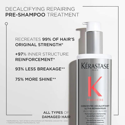 Kérastase Concentré Ultra-Réparateur pre-shampoo treatment, decalcifying for all damaged hair types, enhances strength and shine.