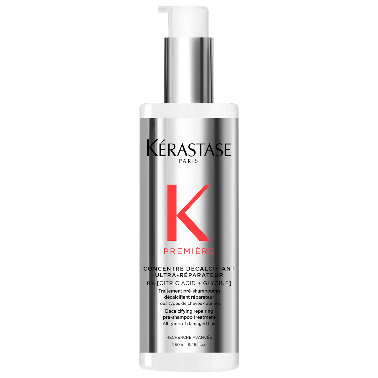 Kérastase Concentré Ultra-Réparateur Hair Treatment bottle for damaged hair, effective pre-shampoo calcium removal.