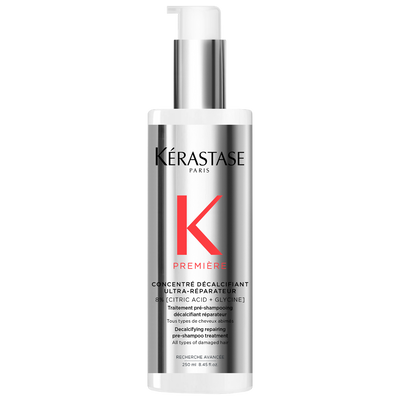 Kérastase Concentré Ultra-Réparateur Hair Treatment bottle for damaged hair, effective pre-shampoo calcium removal.