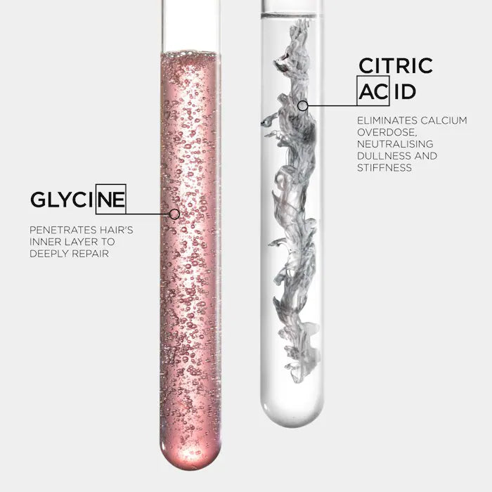 Test tubes showcasing Glycine and Citric Acid for repairing damaged hair and eliminating calcium buildup.