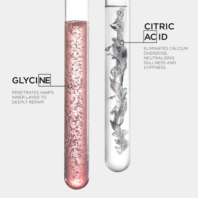 Test tubes showcasing Glycine and Citric Acid for repairing damaged hair and eliminating calcium buildup.