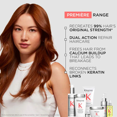Kérastase Premier range showcasing a model with healthy hair, highlighting dual action repair and calcium buildup removal.