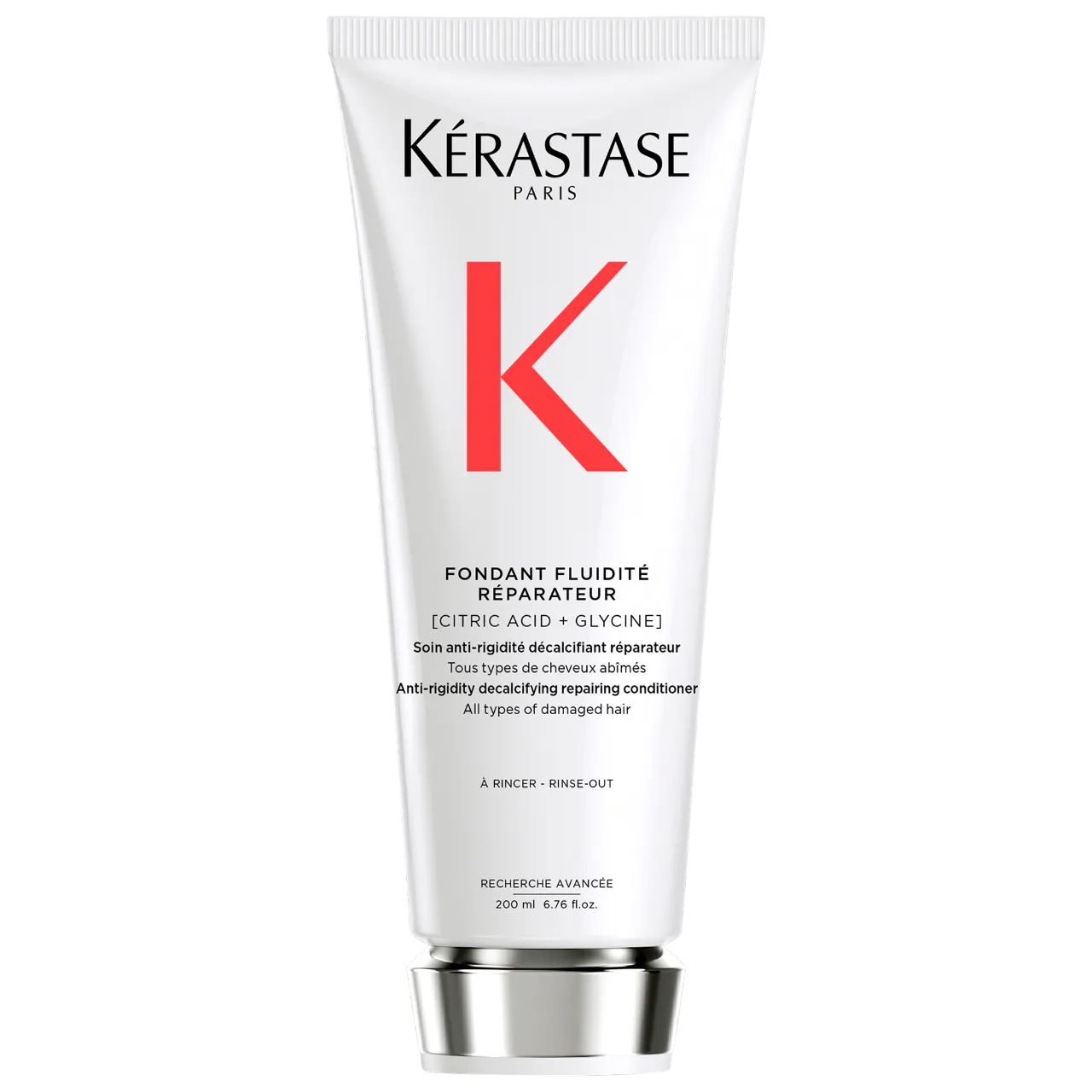 Kérastase Fondant Fluidité Réparateur Conditioner tube for damaged hair with decalcifying properties, 200ml size.